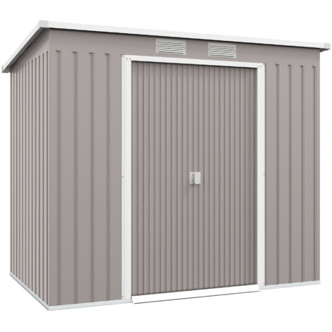 Abri de jardin métallique extérieur avec toit pentu, portes doubles et kit de fondation, gris