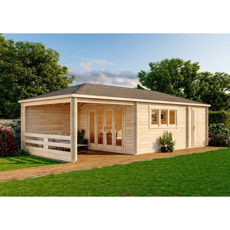Alpholz - Abri de jardin modèle Montana-44 avec extension Naturel , 44 mm Épaisseur paroi 920 x 425 cm
