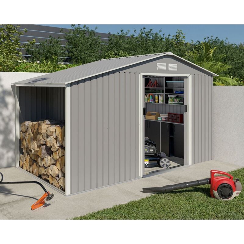 Trigano - Abri de jardin métal gris châtaigne avec bûcher 6 m² + kit d'ancrage