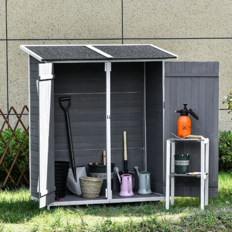 Abri de jardin Outsunny, 2 portes, toit en asphalte, bois de sapin, gris et blanc, 139 x 75 x 160 cm