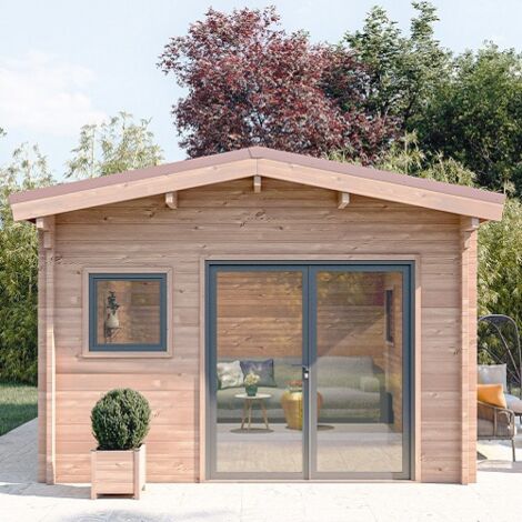 Abri de jardin Oyonnax 20m² – Bois douglas 55mm – Toit bacacier – Double porte PVC – 2 fenêtres double vitrage – Monnet Seve