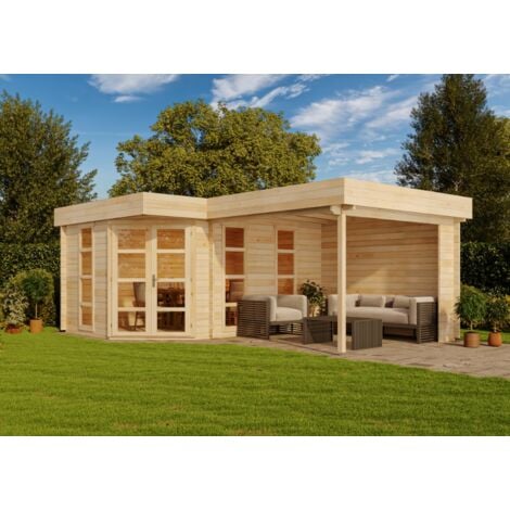 Abri de jardin pentagonal Lindau-40 avec annexe Marron Imprégné, 40 mm Épaisseur paroi 465 x 620 cm - Marron