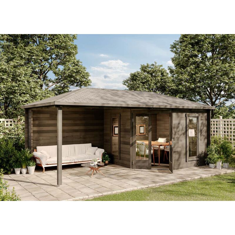 Koop het 5-hoekig Tuinhuis Liwa-28 met overdekt Terras & hoge kwaliteit gelijmd hout dubbele deur +++ Bestel nu bij de specialist Gris Imprégné, 28