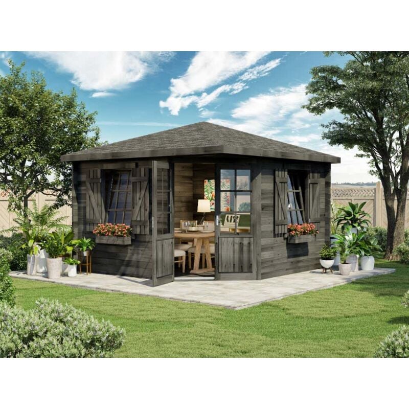 Alpholz - Abri de jardin pentagonal Monica Royal Gris Imprégné, 40 mm Épaisseur paroi 377 x cm