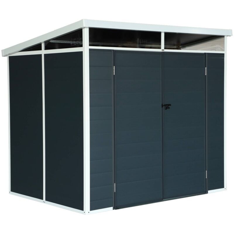 Abri de jardin plastique 4.55 m². anthracite. avec toiture monopente skylight. fenêtre et grande porte d'entrée. 238 x 190 x 215 cm