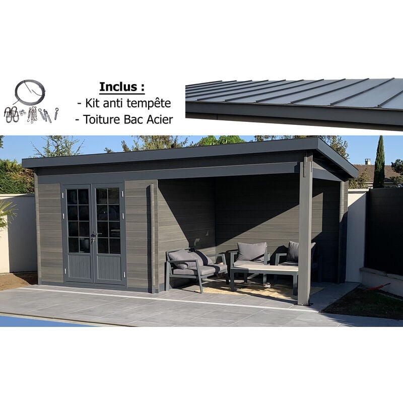 Abri de jardin - Pool House aluminium et composite 6x3 toit plat contemporain - Moderne - Résitant aux intempéries - Durable - Sans entretien + Kit