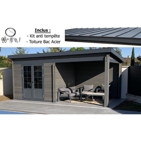 Abri de jardin - Pool House aluminium et composite 6x3 toit plat contemporain - Moderne - Résitant aux intempéries - Durable - Sans entretien + Kit anti tempête + Toiture bac acier