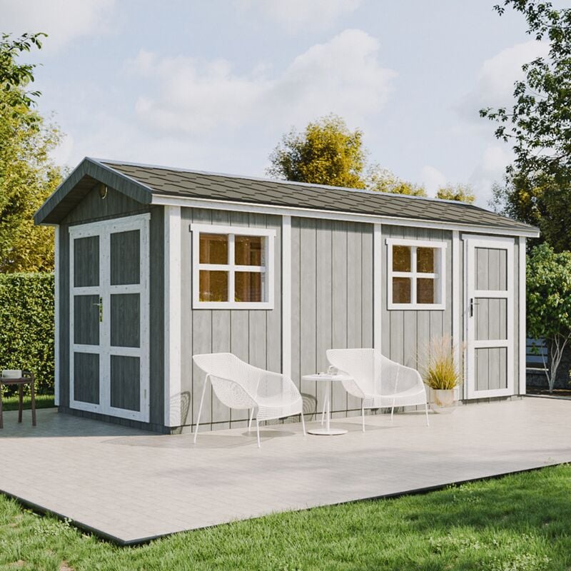 Timbela - Abri de Jardin Qualité Premium 8.52 + 2.95 m² - H252x250x530 cm - Construction de Panneaux lp Smartside - Avec un sol et des bardeaux
