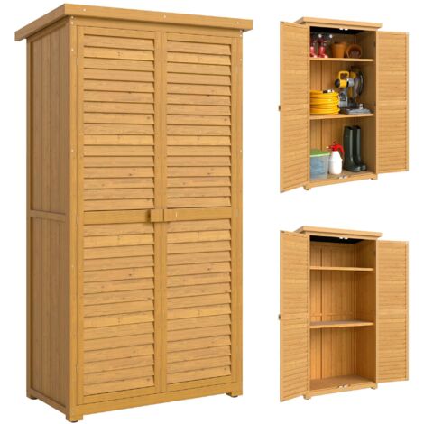 Abri de jardin/remise à outils en bois avec deux étagères, toit en asphalte et portes à persiennes, mesurant 87 x 47 x 160 cm, couleur bois naturel.