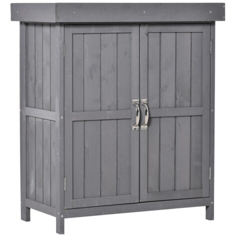Abri de jardin sapin gris foncé résistant intempéries, 2 étagères et double porte, 74x43x88 cm pour outil