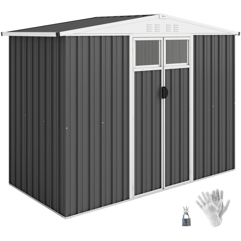 Abri de jardin surface 2,7 m² - 2 portes verrrouillables avec fenêtres - évents aération - tôle d'acier gris blanc