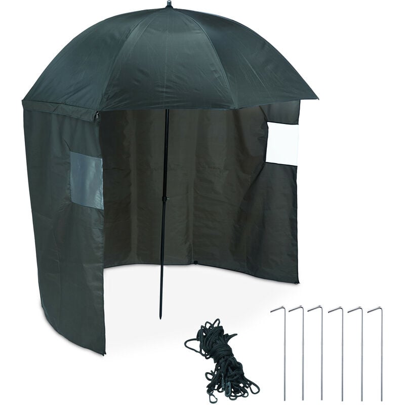 Abri de pêche avec paroi latérale, mécanisme à bascule, piquets & sac transport, tente, parapluie, vert - Relaxdays