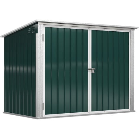 Abri de poubelle jardin - cache poubelle - 2 portes verrouillables, toit ouvrant - tôle d'acier blanc vert