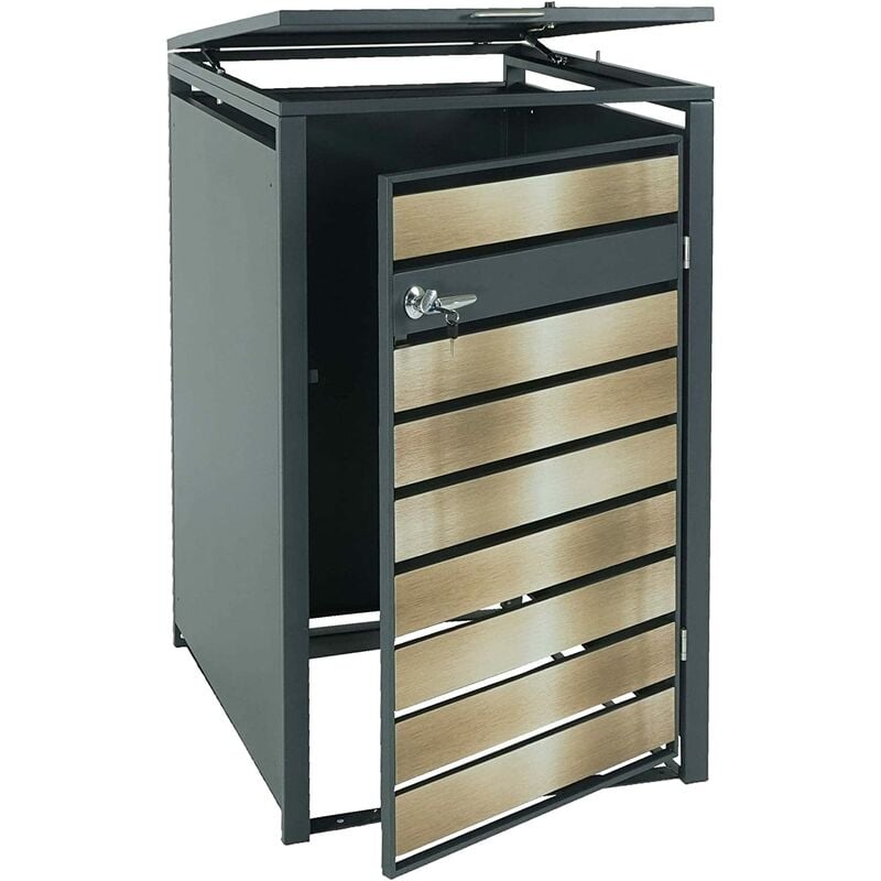 Abri de poubelle vérouillable en métal anthracite aspect bois doré MDJ04179