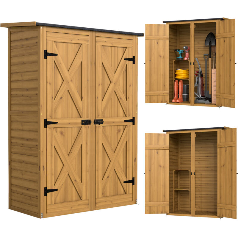 Abri de rangement - Outsunny - avec deux étagères et double portes - toit incliné - bois - marron