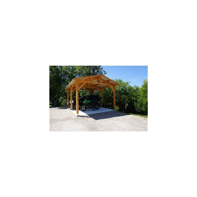 Abri Deux Pentes, 400cmx600cm, Bois douglas Français, Carport, Auvent, Abri voiture