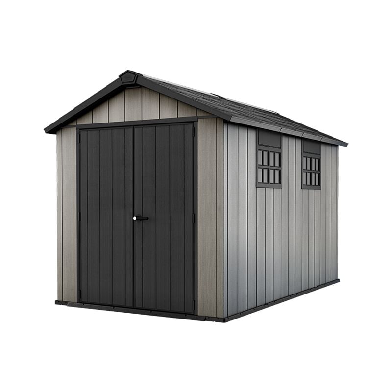 Abri de jardin Oakland 7511 en résine durable à haut plafond, double portes, texture bois, Gris - 7,2 m² - 230x350x242 cm - Keter