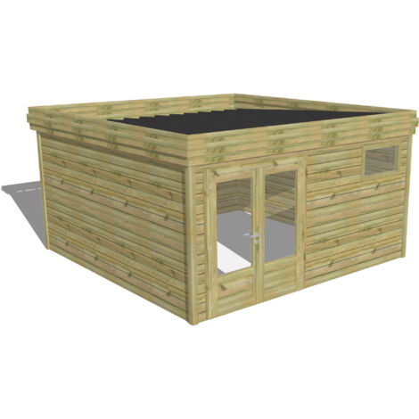 Abri de jardin en pin sylvestre traité autoclave 27mm – Dimensions 4,34x4,34m – Bac acier laqué gris – Installation rapide – Abri Français
