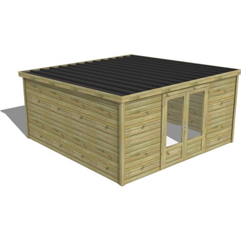 Abri Français – Abri de jardin bois pin traité autoclave 28mm – Bac acier – Dimensions 4,34x4,34m – Hauteur 2,32m – Installation facile et rapide
