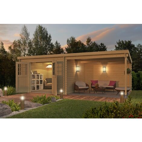 Abri haut de gamme en bois - Elody avec extension- 28 mm - 8,2 + 8,2 m² - Naturel