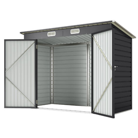 Abri jardin 2,7 m² 249x121x183 cm gants inclus portes doubles verrouillables aérations tôle acier gris