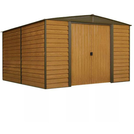 Abri métal Habrita Foresta Arrow Woodridge 11,59m2 imitation bois toit 2 pentes avec double porte coulissante