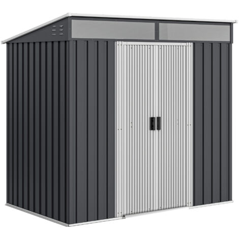 Abri métallique galvanisé 6,5×4 pieds, fondation, portes doubles coulissantes, 2 aérations, abri à outils verrouillable, gris