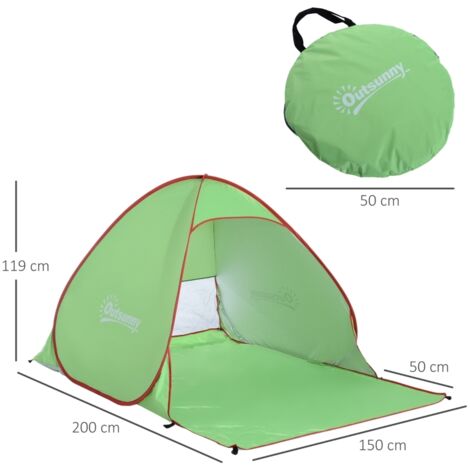 Abri plage pop-up automatique protection UV, fenêtre arrière grand tapis sol vert rouge