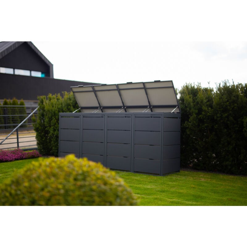 Cache poubelle extérieur quadruple en acier galvanisé - Abri poubelle pour 4 conteneurs 120 Litres - Anthracite RAL7016
