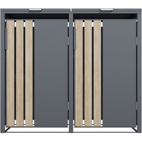 Abri poubelles 2 bacs gris imitation bois – Acier galvanisé avec vérins à gaz