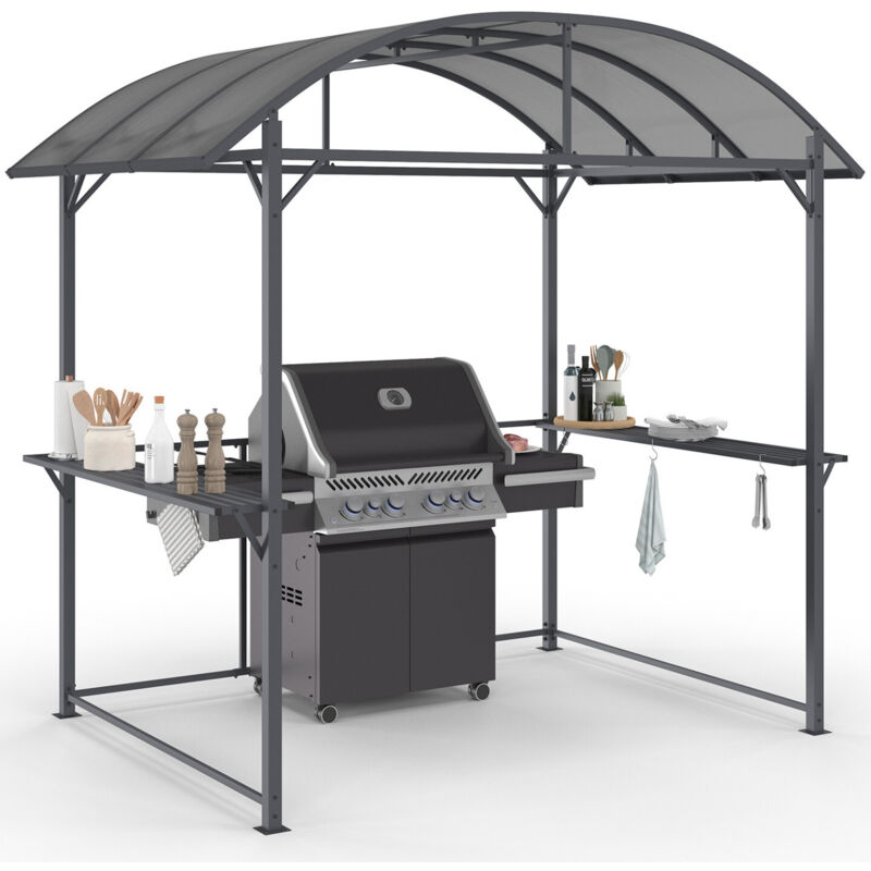 Abri pour barbecue 240 x 150 x 220 cm avec étagères, en métal gris et toit en polycarbonate