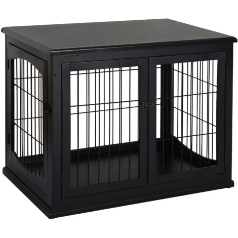 Abri pour chiens avec surface en verre et cage intérieure – MDF noir, dimensions 81 x 58,5 x 66 cm