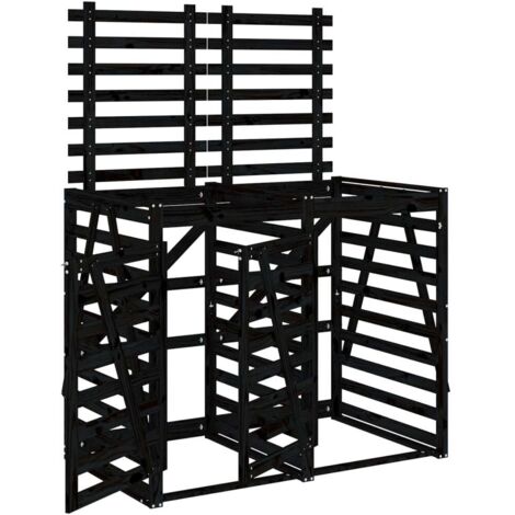 Abri pour poubelle double sur roulettes noir bois massif de pin CFW39260