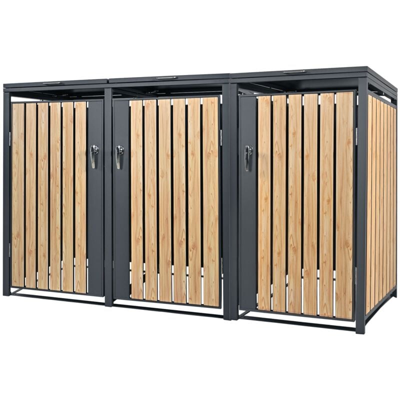 Ml-design - Box pour 3 Poubelles, 240L, 200x80x116,3 cm, en Acier, Anthracite/Aspect Mélèze, Résistant aux Intempéries, Habillage de Poubelle avec