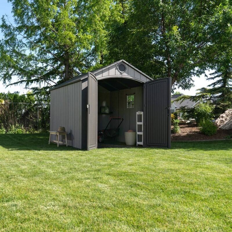 Abri Habrita AP2430BO résine pehd imitation bois grnad volume de 7,44m2 avec plancher toit 2 pentes