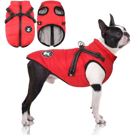 Abrigo de invierno impermeable para perros, cálido con arnés, chaqueta impermeable para perros pequeños, medianos y grandes, lavable a máquina, diseño de rayas reflectantes.