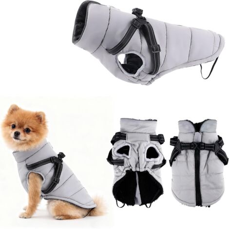 Abrigo de invierno para perro pequeño, impermeable, con arnés reflectante y ajustable, chaqueta cálida, chaleco protector para cachorro (grisáceo, XS)