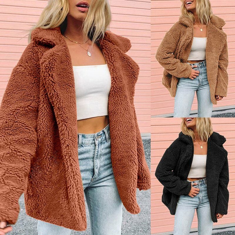 

Abrigo de piel sintetica para mujer, chaqueta de lana calida, mangas largas, cuello de solapa con muescas, solido, Vintage, peludo, informal, abrigo