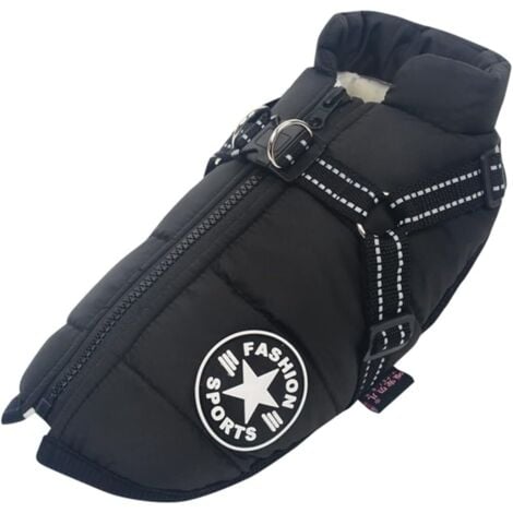 TIGREZY Abrigo impermeable de invierno para perros con arnés, chaqueta, ropa cálida, chaleco reflectante para cachorros, resistente al viento, para perros pequeños y medianos, color negro (anilla en D resiste