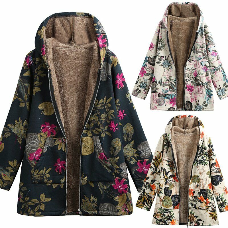 

Abrigo parka con capucha de piel sintetica para mujer, bolsillos laterales con estampado floral, abrigo largo informal calido y vintage, prendas de