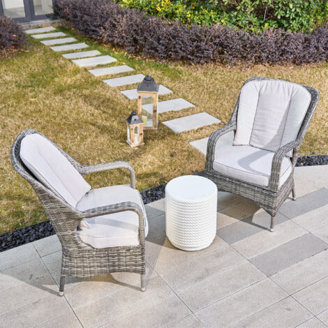Abrihome 2-Piece Outdoor PE Rattan Grey Dining Chairs Paired with a White Terrafab Composite Coffee Table for Outdoor
