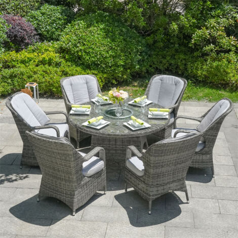 Abrihome 6-Seater Aluminum Round Dining Table Set With 5mm Tempered Glass Top & UV-Resistant PE Wicker – D135×H72cm,Grey