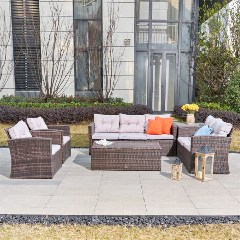 Abrihome 7-Seat Outdoor Rattan Furniture Garden Sofa Set with Two Storage Boxes, Brown