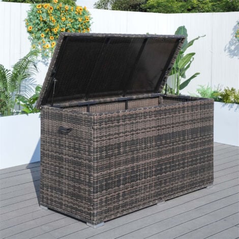 ABRIHOME 980L Aluminum Outdoor Rattan Storage Box, Outdoor Large Deck Storage Box for Patio, Yard, Garden, Brown (L 170 x H 95 x W 77)