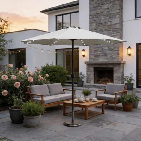Abrihome Patio Umbrella with LED Lights & Double Vent – Coated Waterproof Fabric, Crank Handle, Ideal for Garden & Poolside, Beige