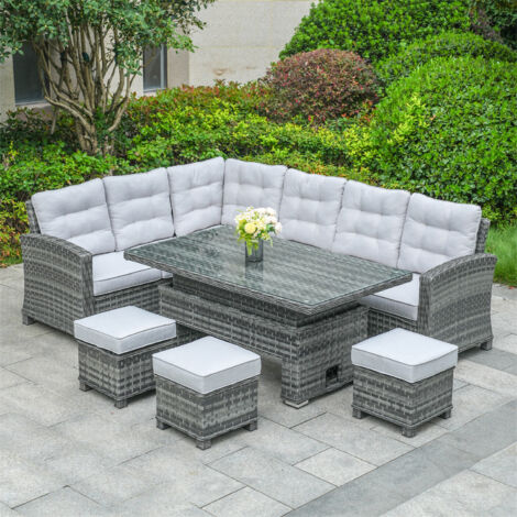 Abrihome Premium Aluminum PE Rattan Sofa Set – 8-Seater with Lift Table, Rust-Proof & Weather-Resistant
