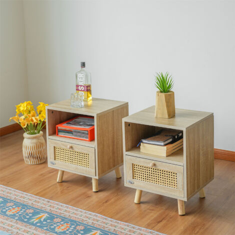 Abrihome Set of 2 Rattan Nightstand, Bedside Table with 1 Drawer and Wooden Legs, Rustic Style Shelf Nightstand for Bedroom Living Room,40D x 35W x 50H CM