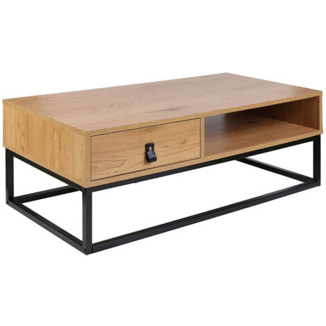ABRIL - Table Basse 1 Tiroir Aspect Bois et Pieds Métal