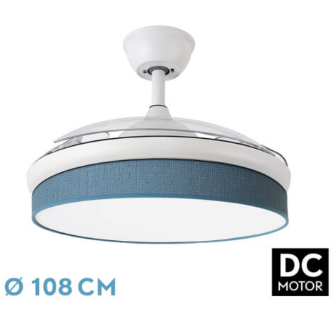 Abrila - Ventilador DC MODA Color Blanco con tres Aspas Desplegables ABS y Difusor Azul 6 Velocidades Ajustables 3 Temperaturas de Luz con Temporizador y Mando a Distancia Incluido