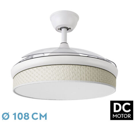 Abrila - Ventilador DC MODA Color Blanco con tres Aspas Desplegables ABS y Difusor Cañizo Blanco 6 Velocidades Ajustables 3 Temperaturas de Luz con Temporizador y Mando a Distancia Incluido